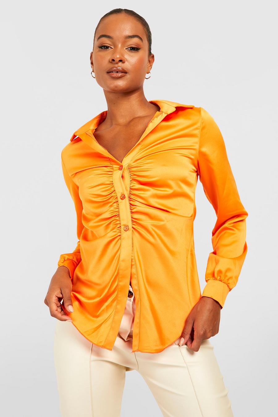 Camisa Tall de raso fruncido holgada, Orange