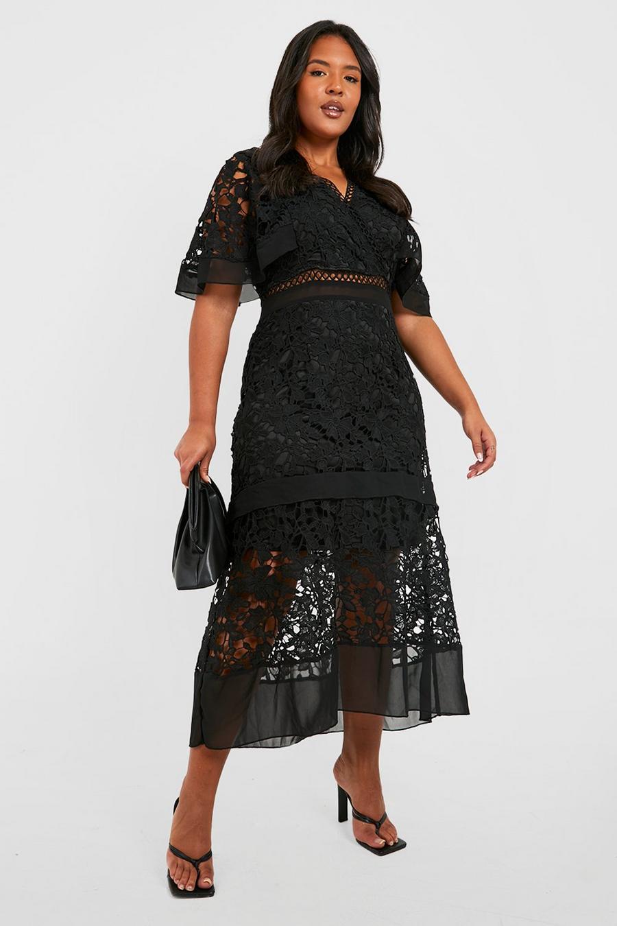 Black Plus Premium V Neck Tiered Lace Dress