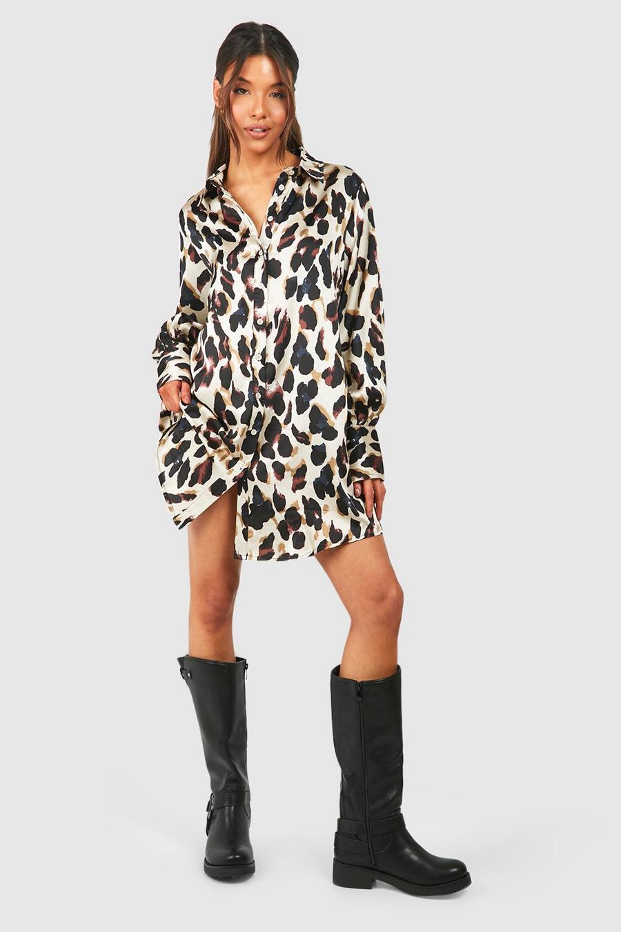 Vestido camisero oversize con estampado de leopardo, Brown
