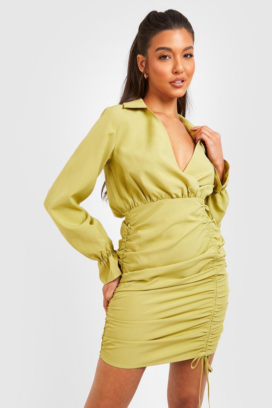 Olive Ruched Detail Long Sleeve Mini Dress