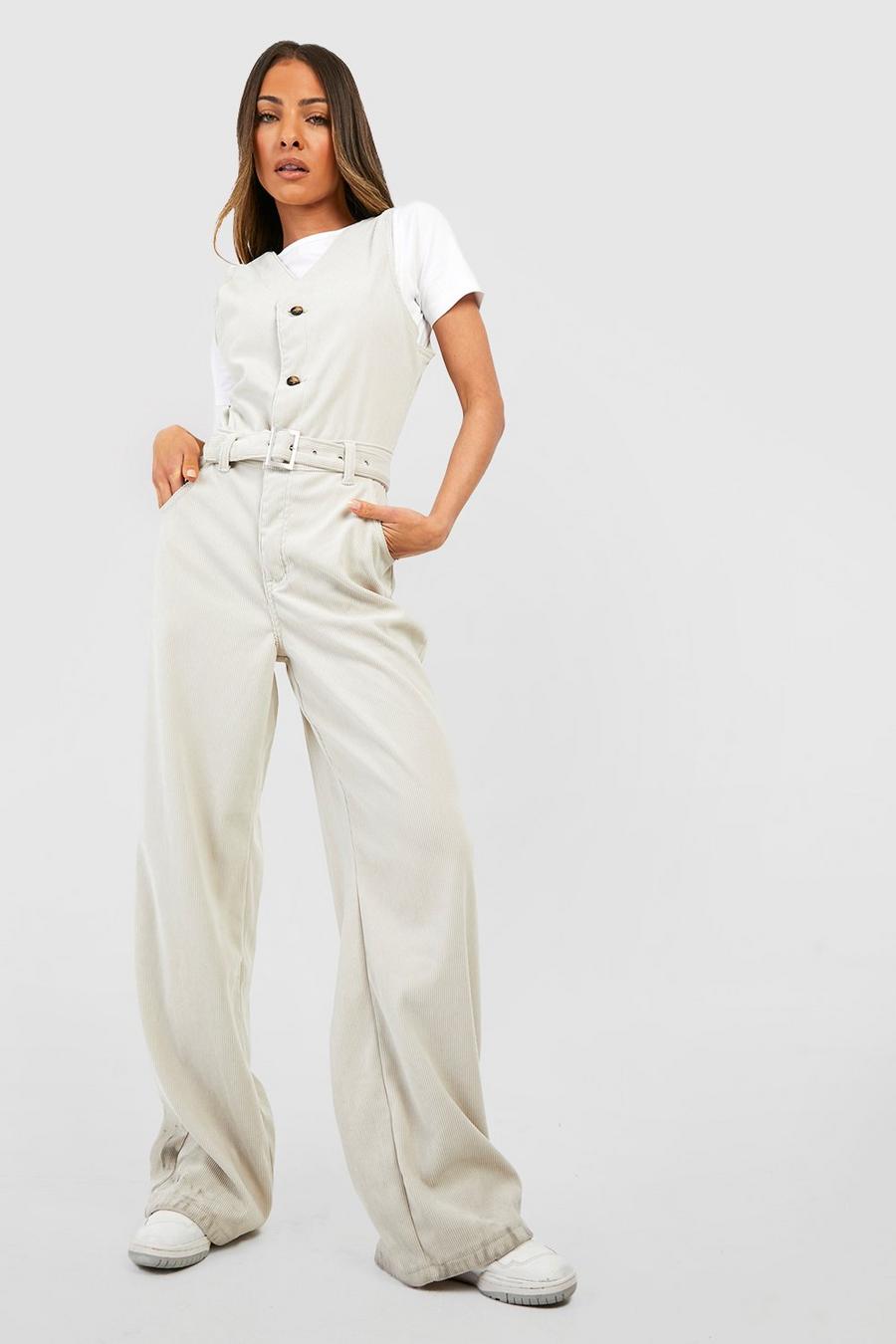 Ecru Cord Buckle Belted Pinafore Jumpsuit