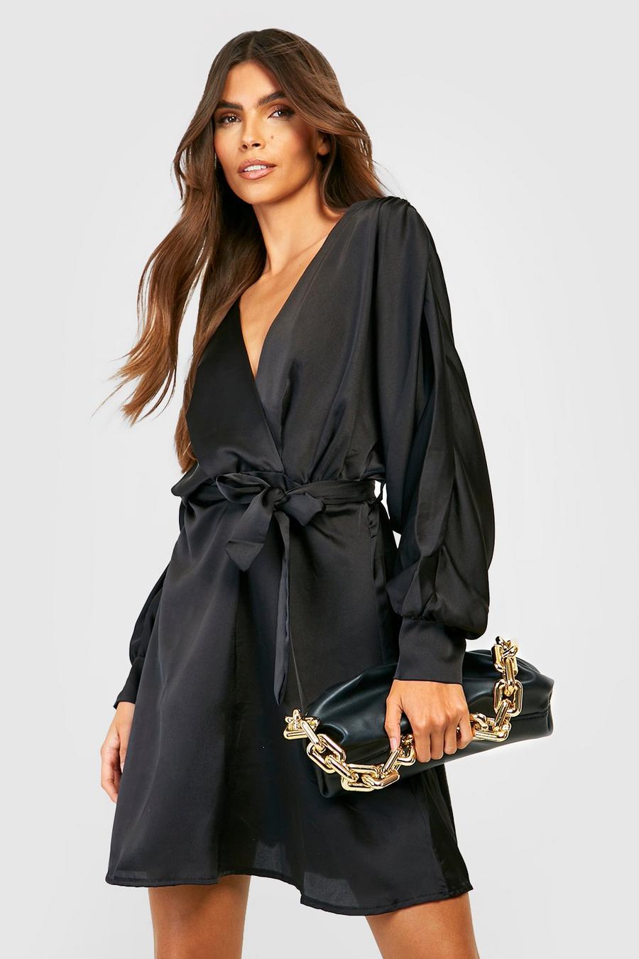 Black Batwing Satin Wrap Mini Dress