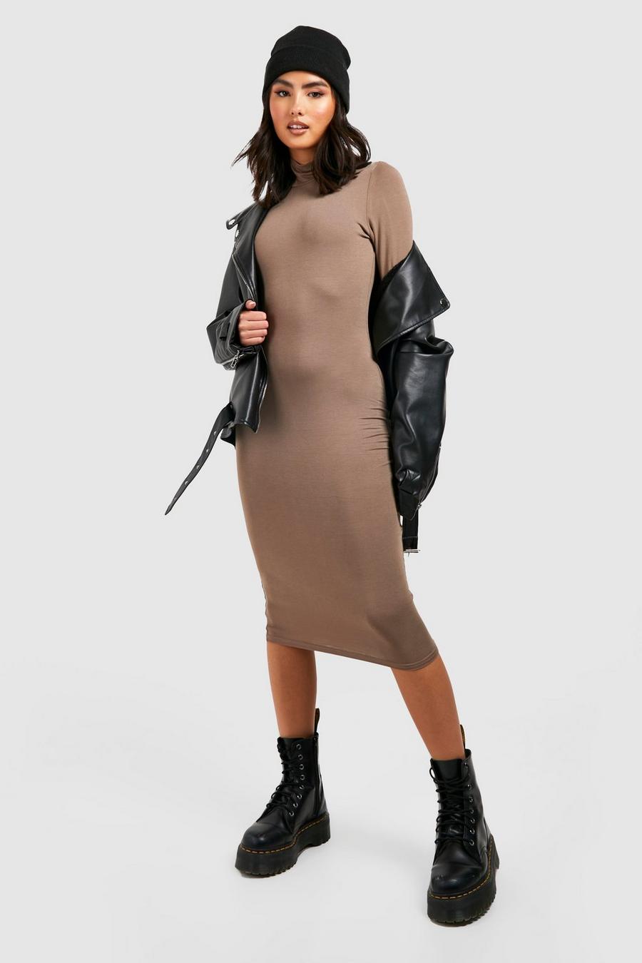Mocha Turtleneck Long Sleeve Bodycon Midi Dress