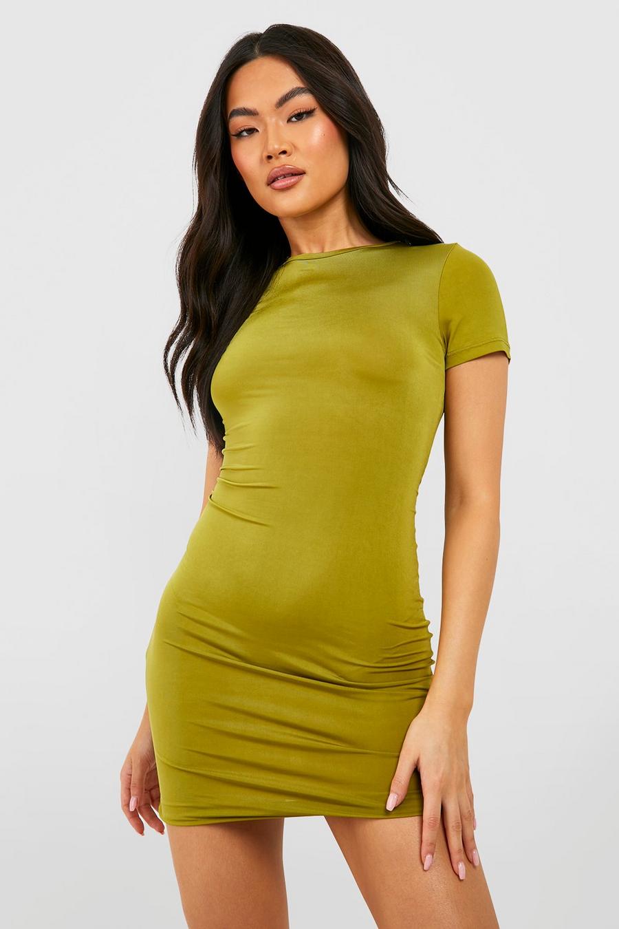 Olive green Recycled Double Slinky Bodycon Dress