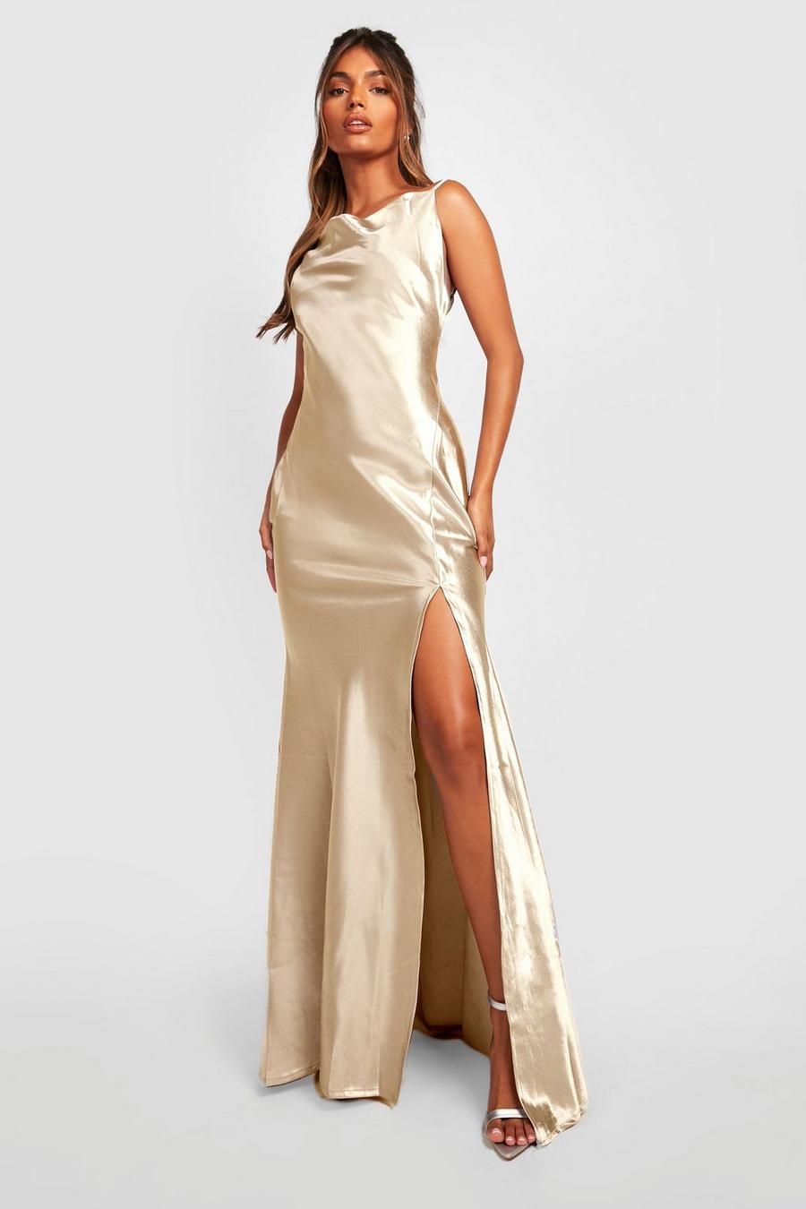 Beige Bridesmaid Premium Satin Cowl Neck Maxi Dress image number 1