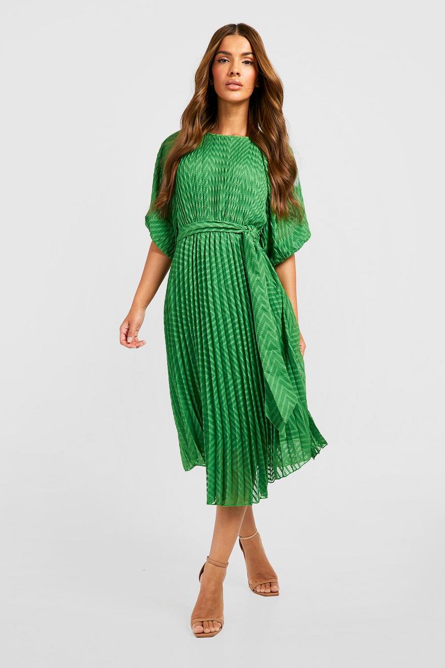 Green Dobby Pleated Puff Sleeve Midi Dress