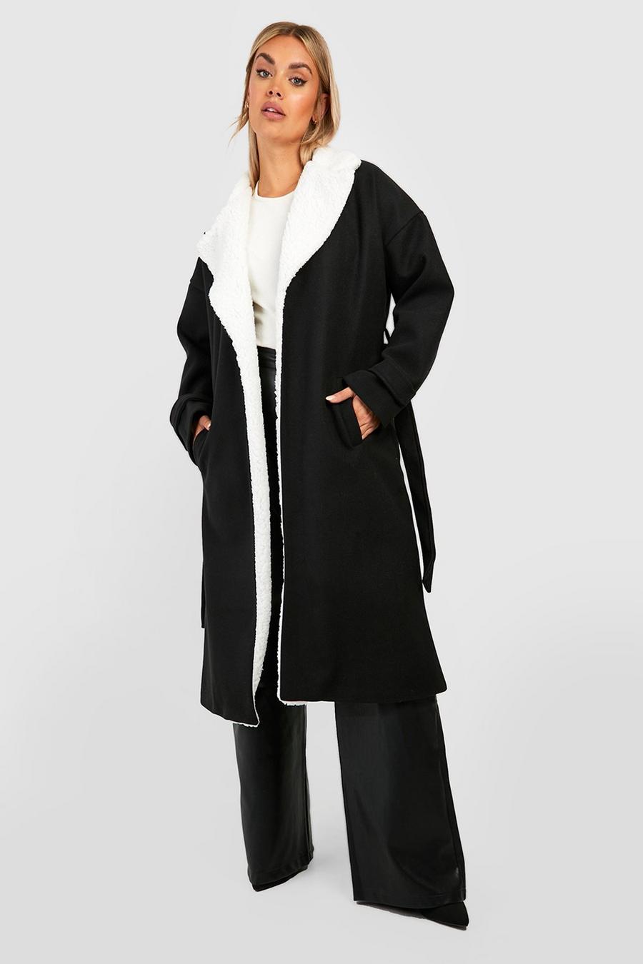 Cappotto Plus Size effetto lana con finiture in pelliccia sintetica morbida, Black