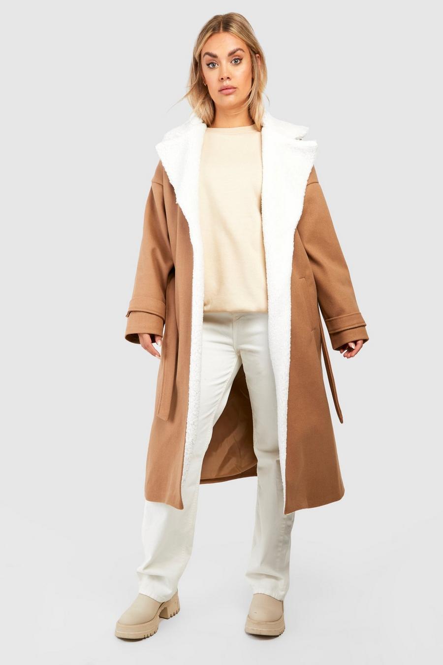 Cappotto Plus Size effetto lana con finiture in pelliccia sintetica morbida, Camel