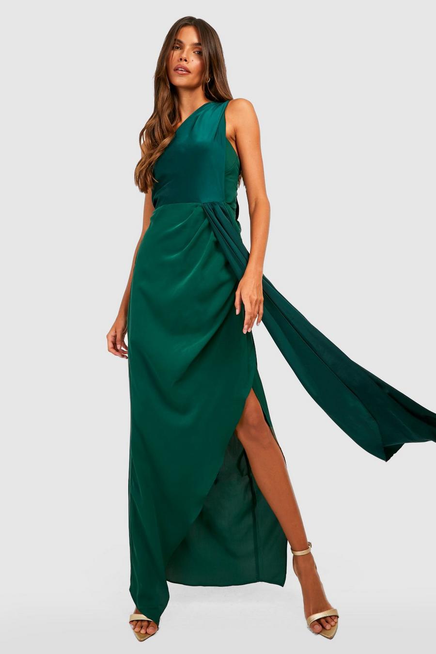 Vestido maxi de raso drapeado con un hombro descubierto, Emerald