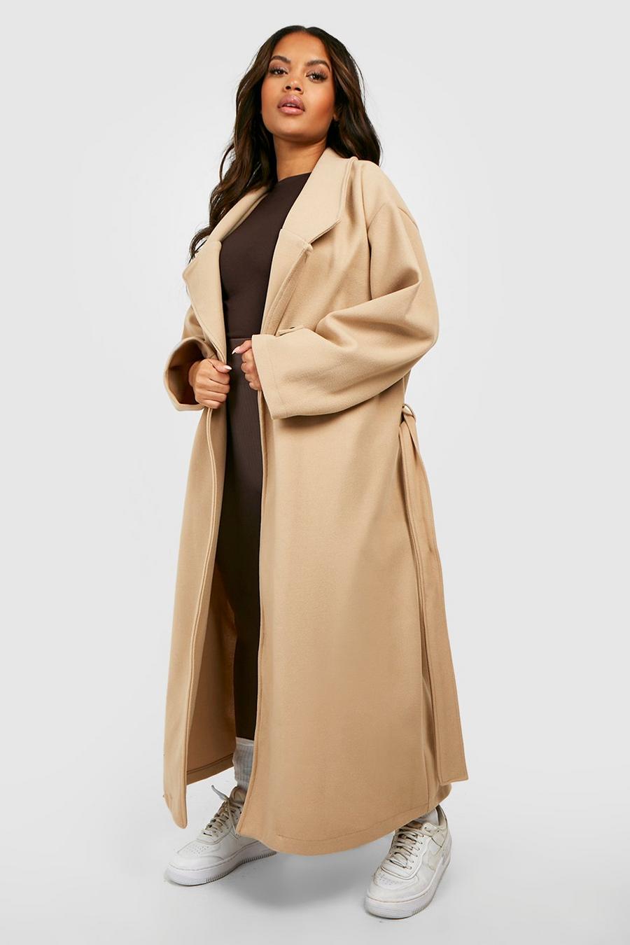 Cappotto Trench Plus Size effetto lana con cintura, Beige