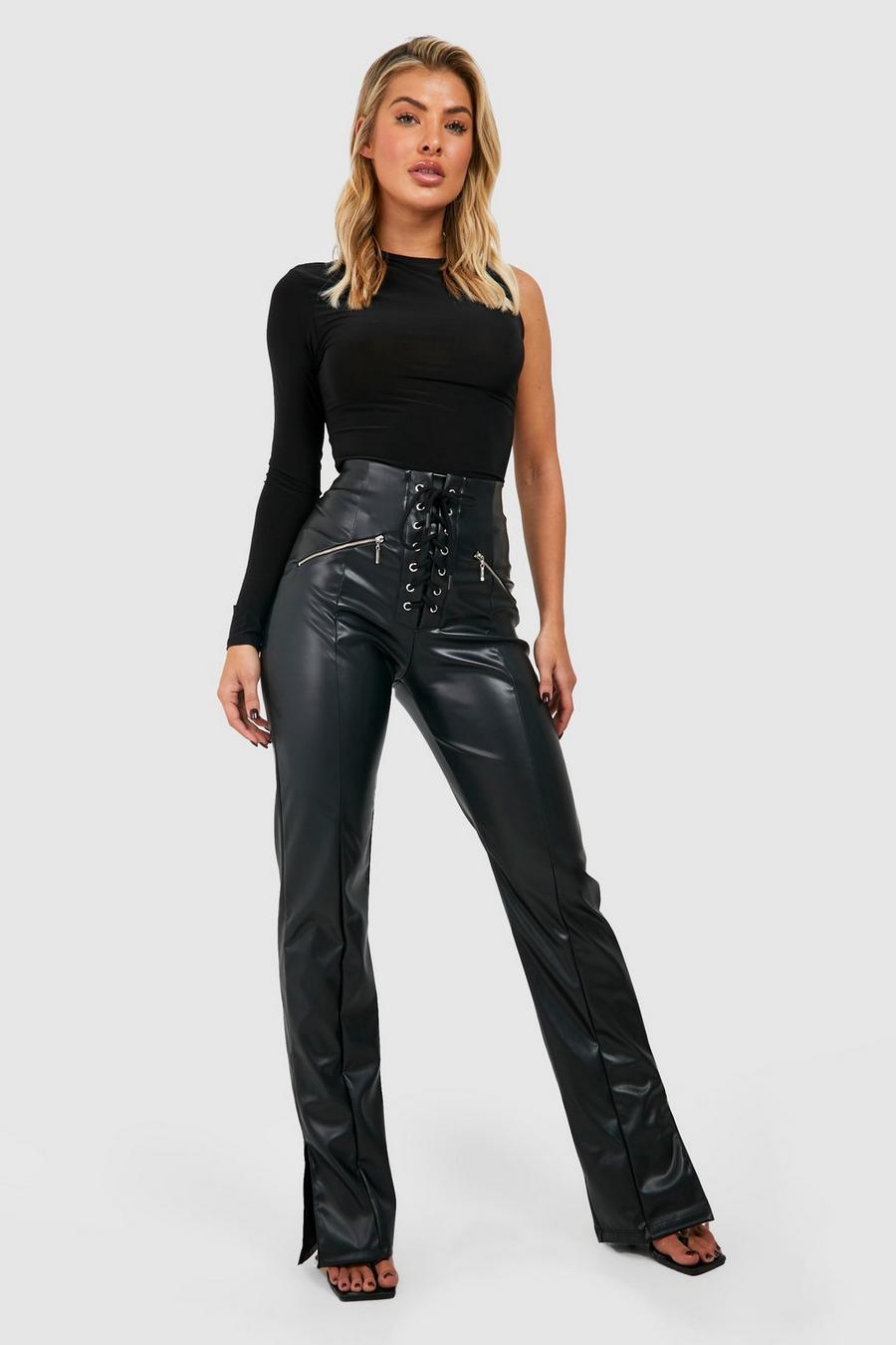 Black Lace Up Faux Leather Slim Fit Split Hem Trousers