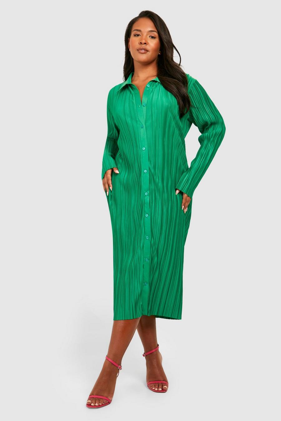 Grande taille - Robe chemise mi-longue effet plissé, Green