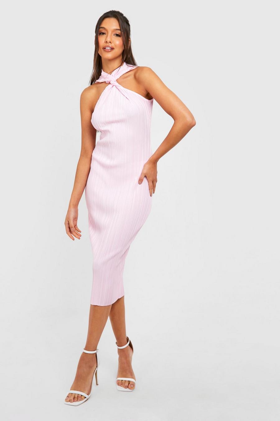 Pink Premium Plisse Twist Front Midi Dress