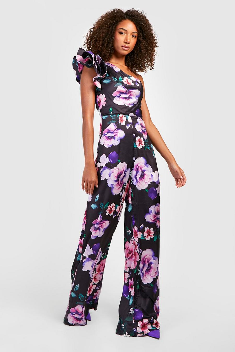 Black Tall Floral One Shoulder Ruffle Jumpsuit