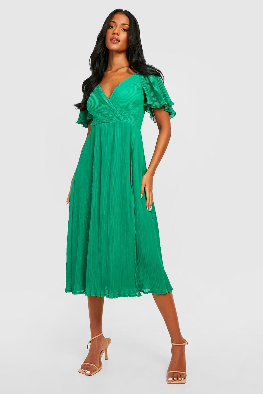 Green Tall Plisse Angel Sleeve Split Midi Dress