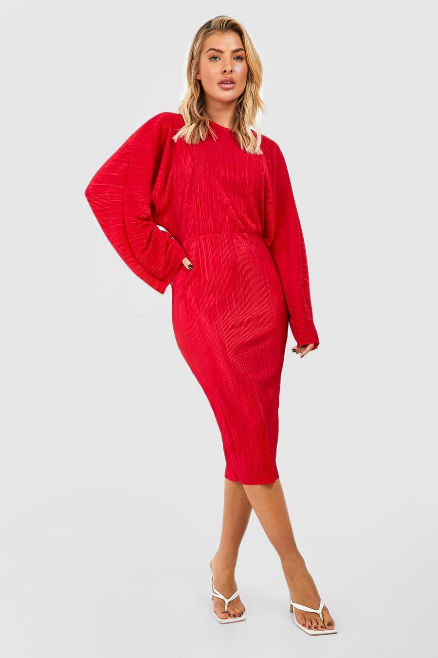Red  Plisse Batwing Midi Dress