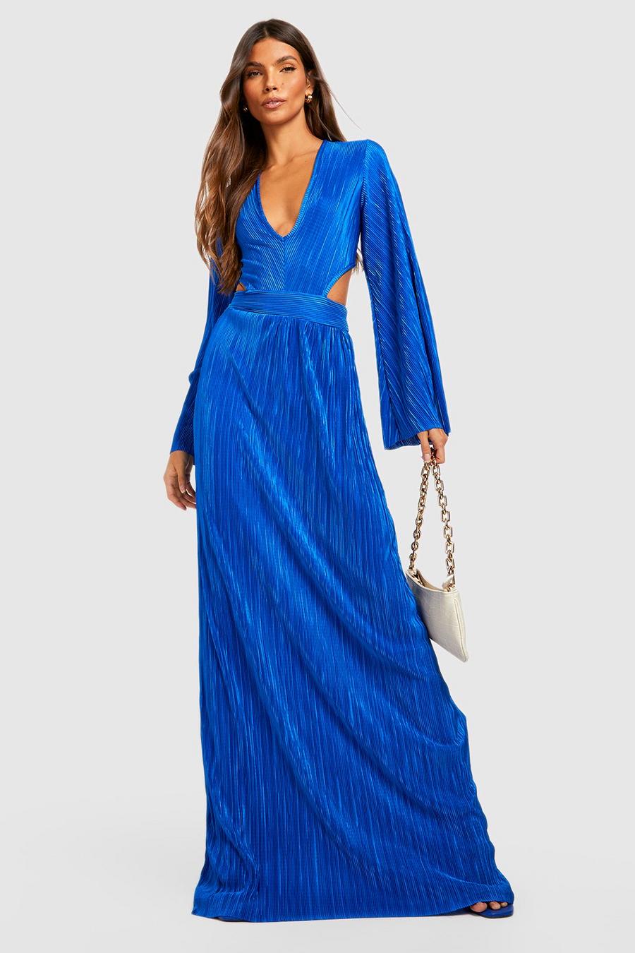 Cobalt  Plisse Wide Sleeve Cut Out Maxi Dress