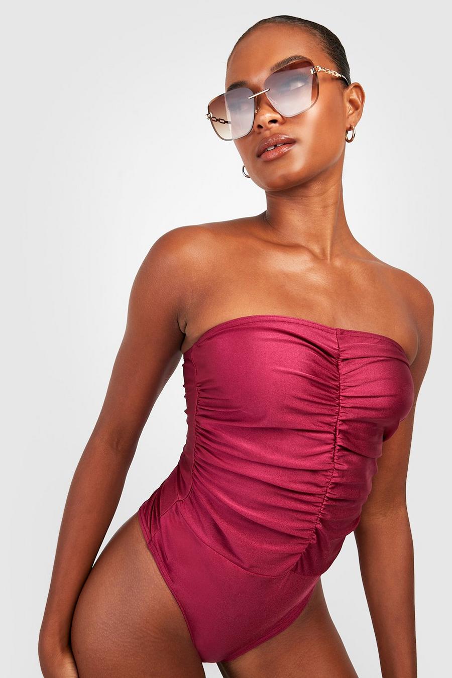 Wine Tall Bandeau Ruched Front Swimsuit