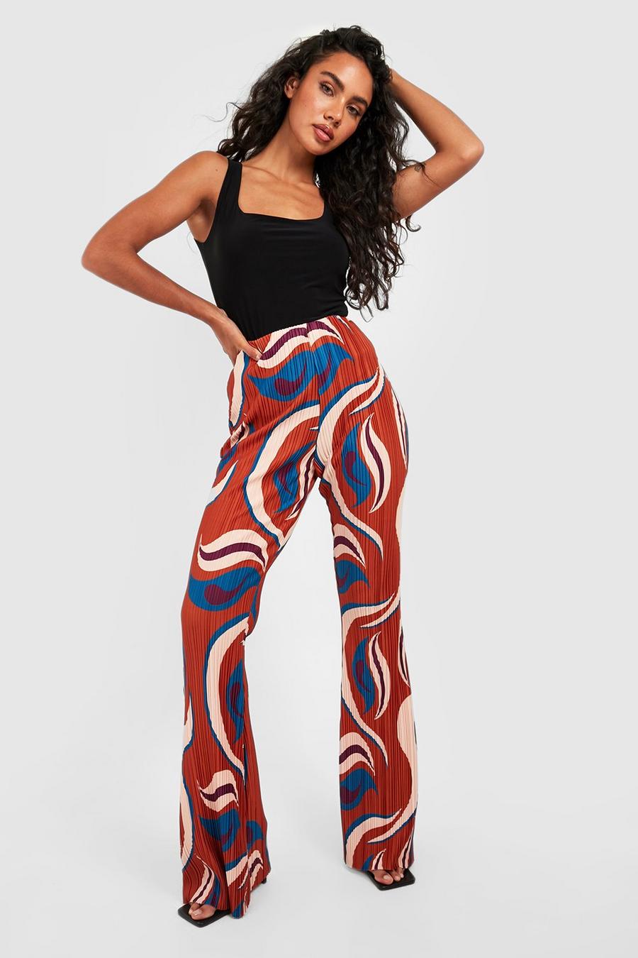 Tan Abstract Printed Plisse Flared Trousers