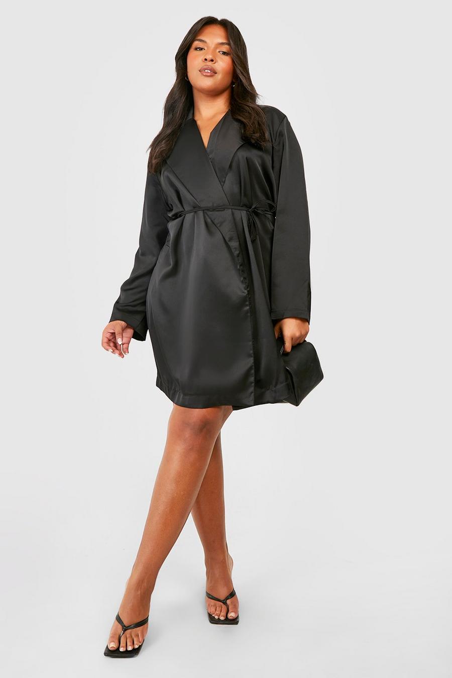 Black Plus Satin Belted Blazer Dress