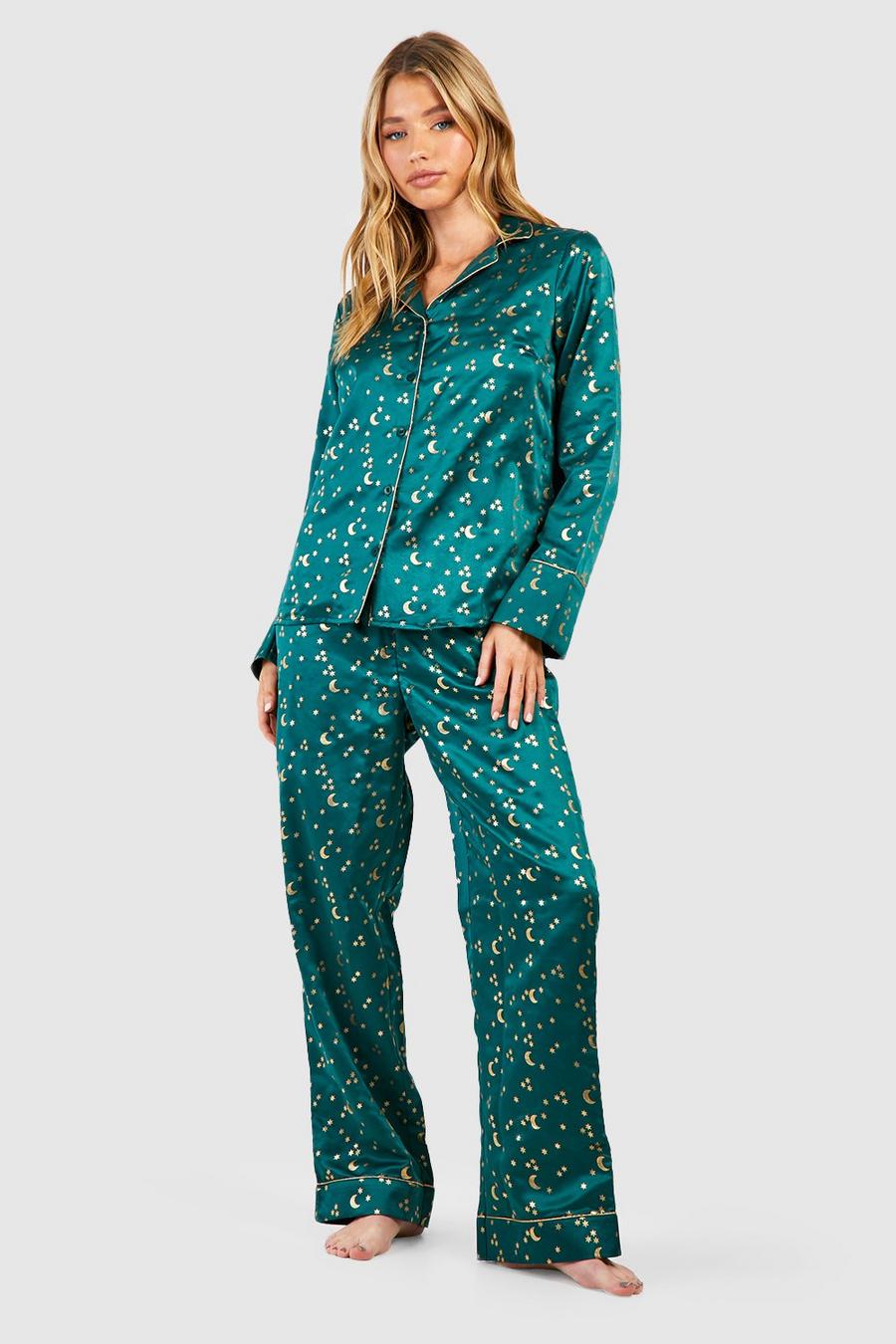 Pijama de raso Premium con lunas y estrellas, Green