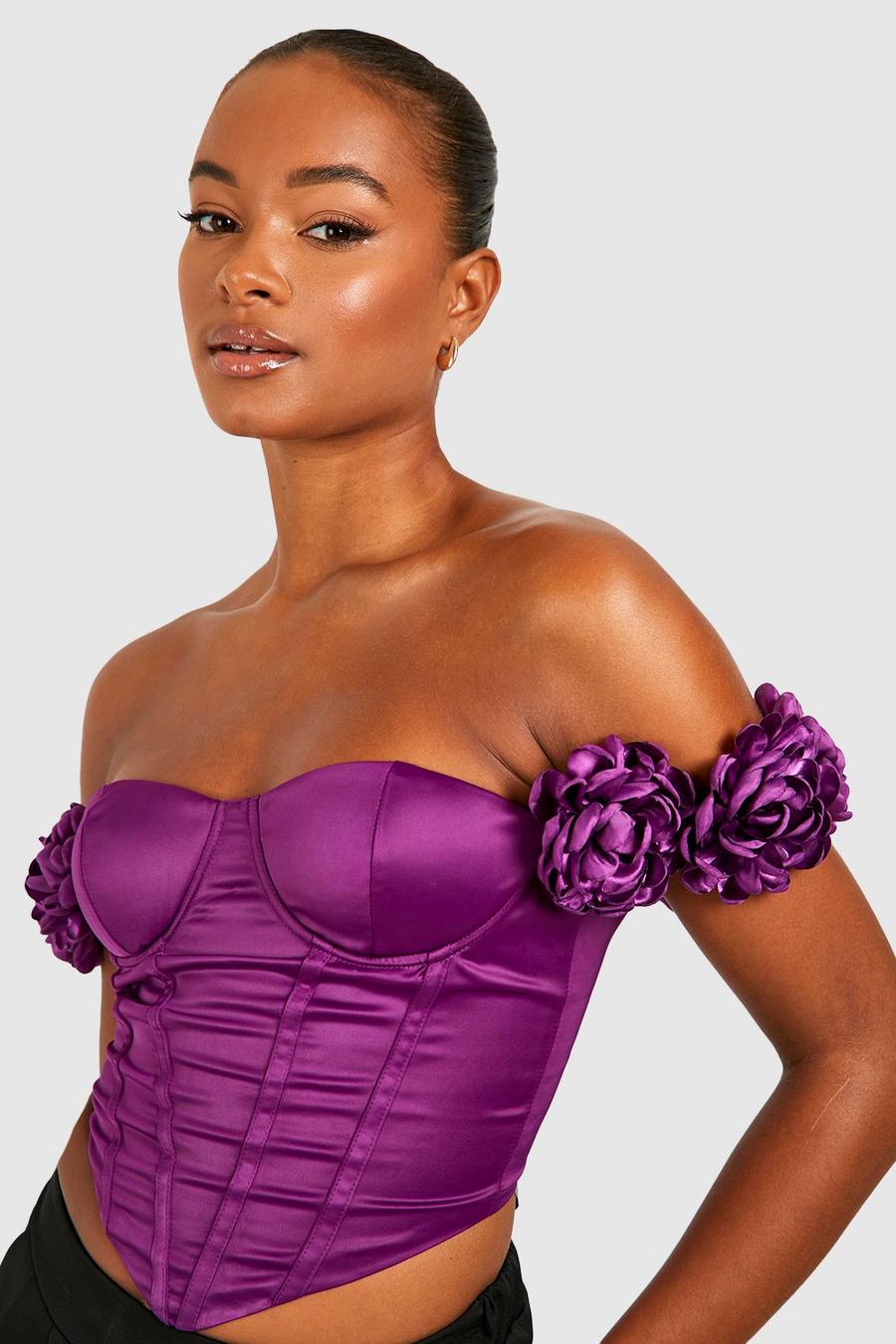 Top a corsetto Tall in raso con dettagli a forma di rose, Purple