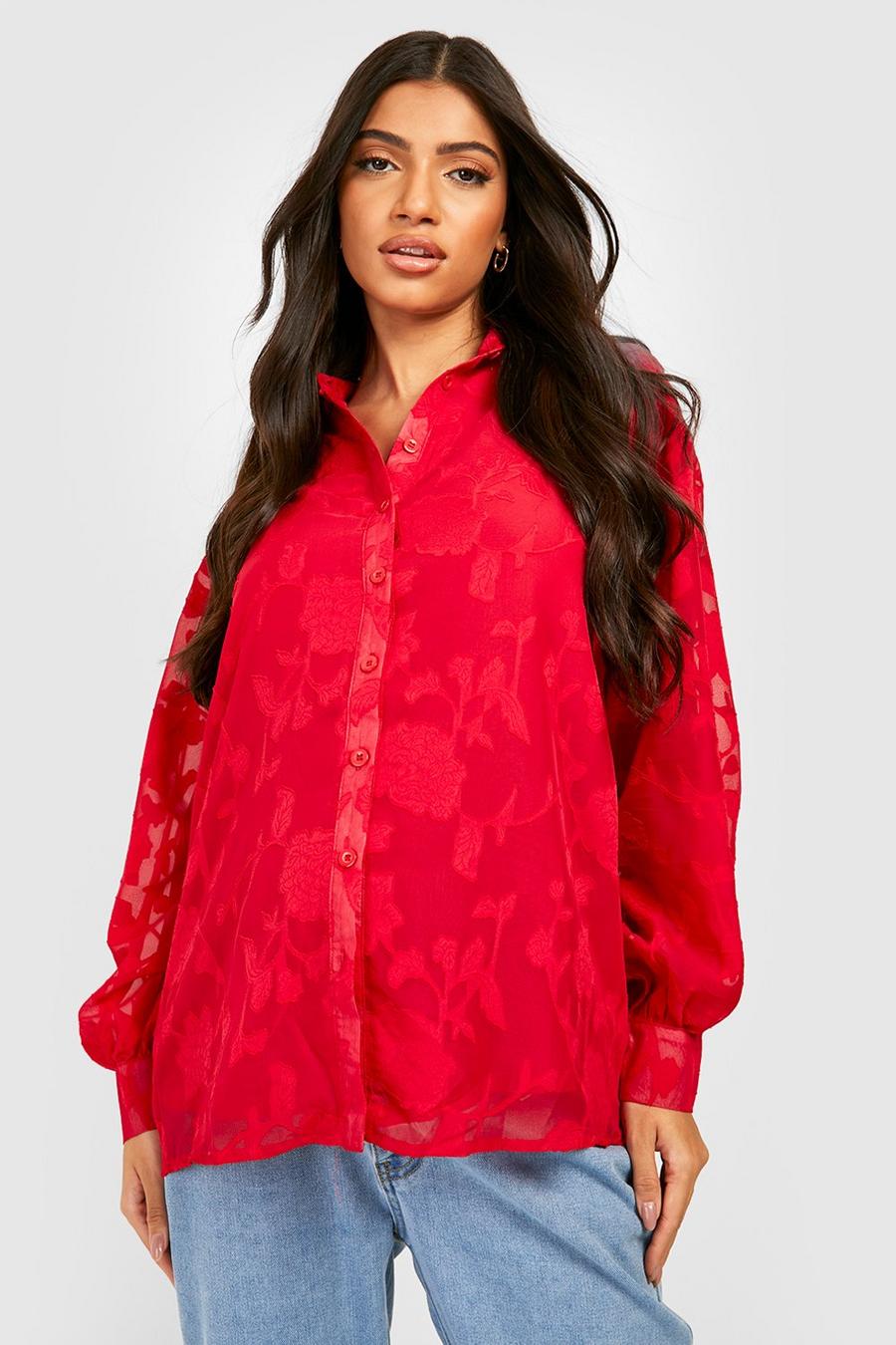 Red Maternity Oversized Burnout Floral Shirt