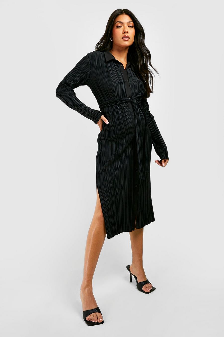 Black Maternity Plisse Belted Shirt Midi Dress