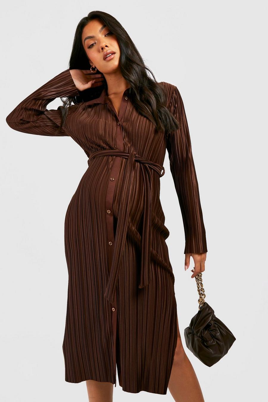 Chocolate Maternity Plisse Belted Shirt Midi Dress