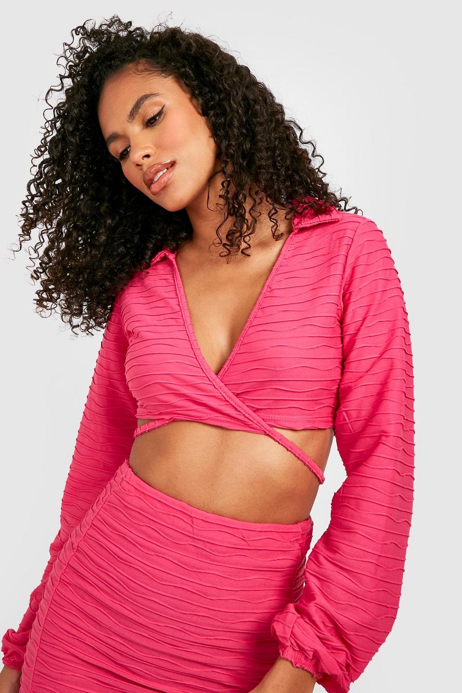 Ensemble texturé avec chemise nouée et mini-jupe, Hot pink