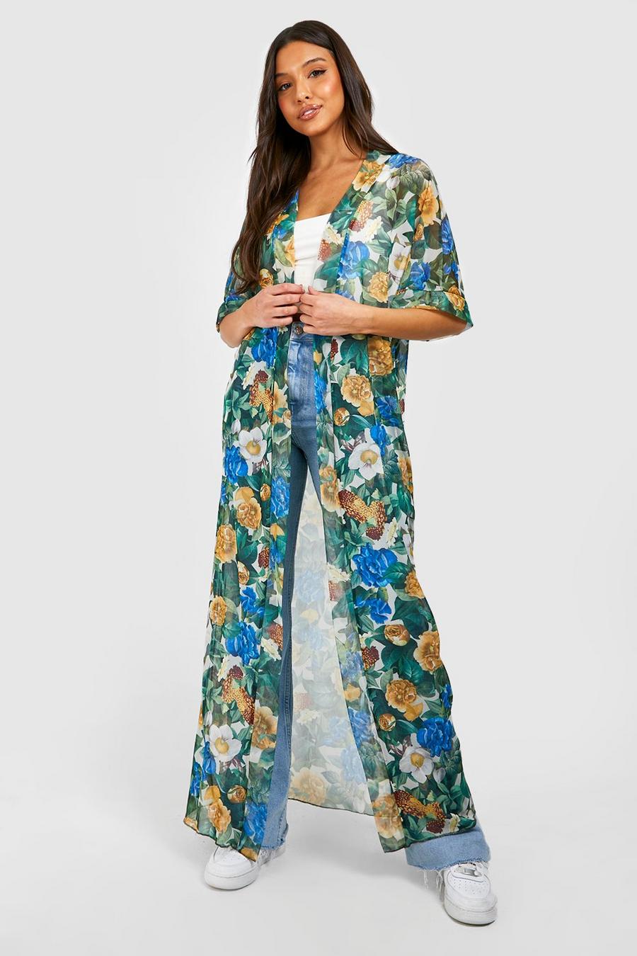 Kimono maxi con stampa a fiori, Green