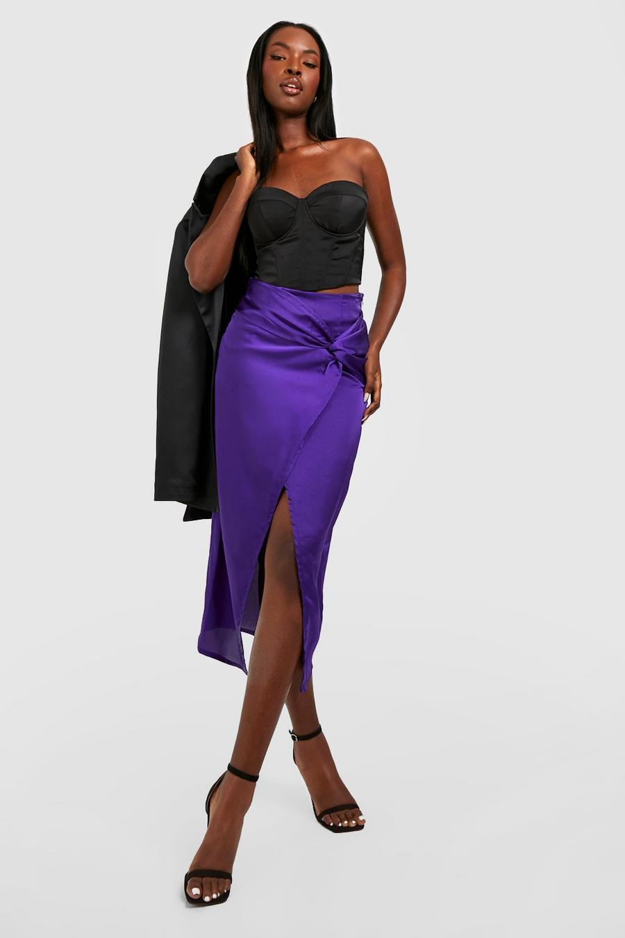 Purple Satin Knotted Split Midaxi Skirt