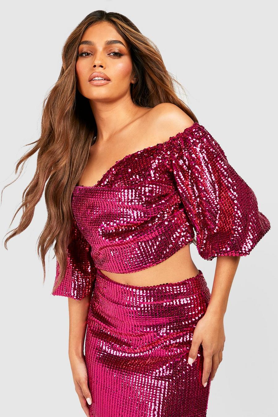Hot pink Bright Sequin Puff Sleeve Off The Shoulder Top