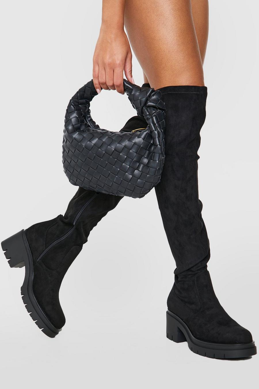 Black Wide Fit Cleated Over The Knee Boots