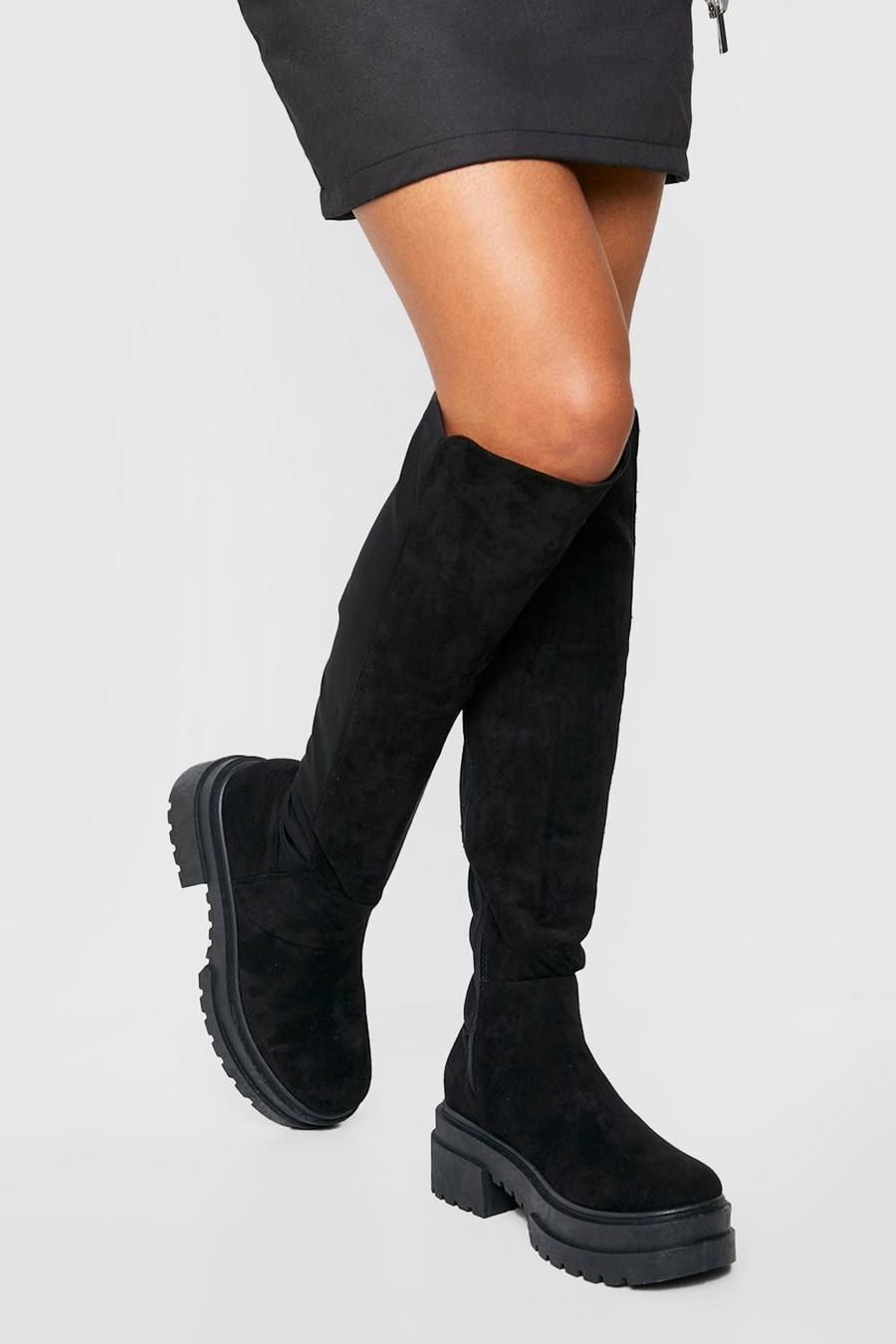 Black Chunky Cleated Knee High Stretch Panel Boots