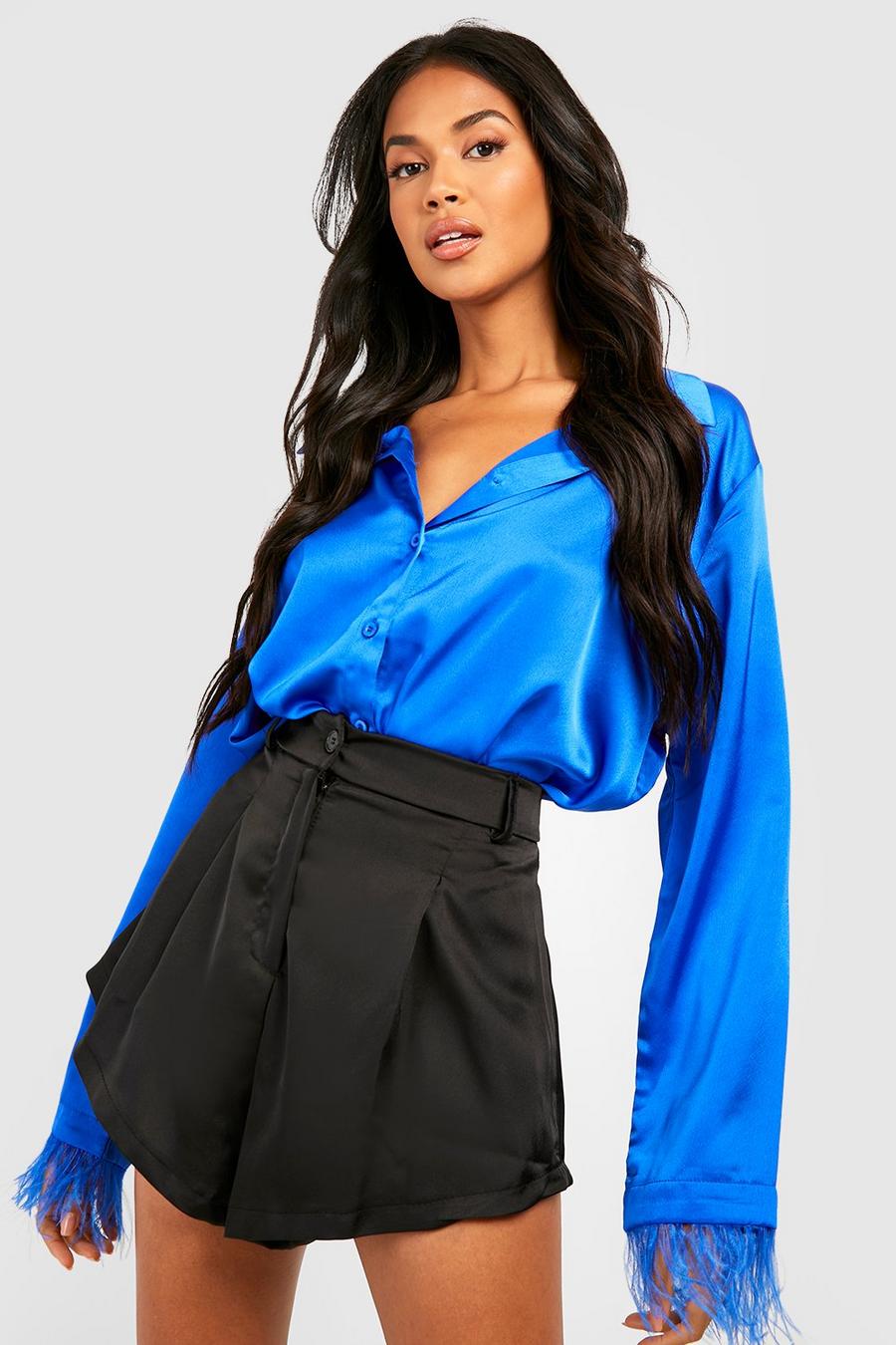 Blue Feather Trim Satin Shirt