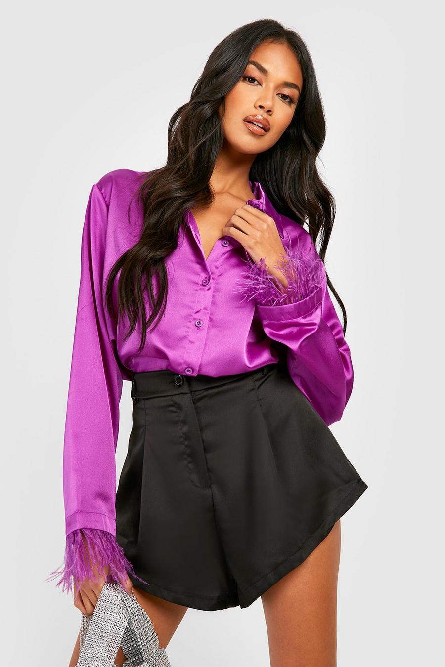 Camicia in raso rifinita con piume, Purple