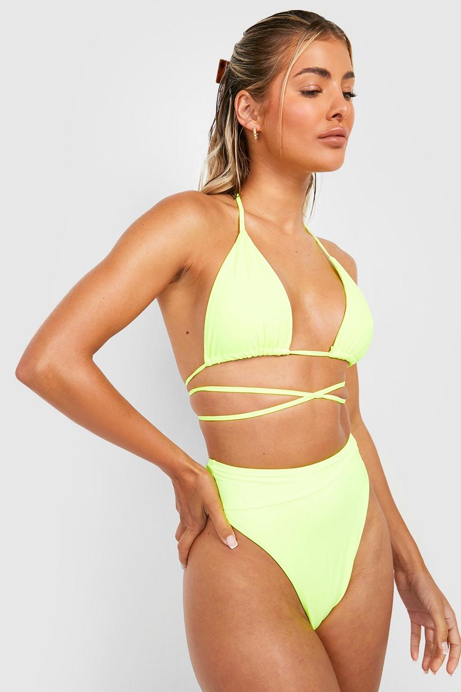 Neon-yellow High Waist Bikini Broekje Met Naaddetail
