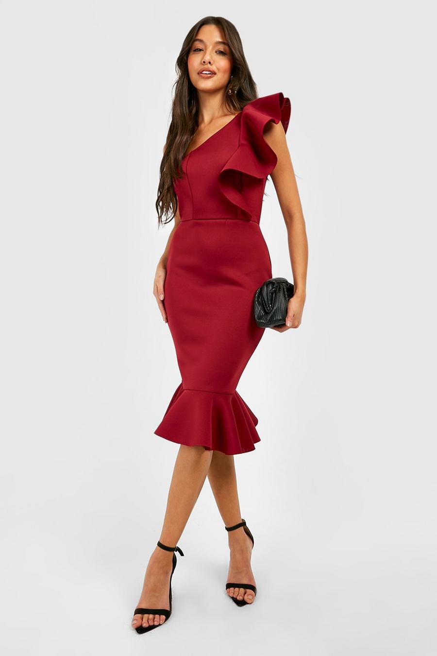 Berry One Shoulder Frill Detail Midi Dress