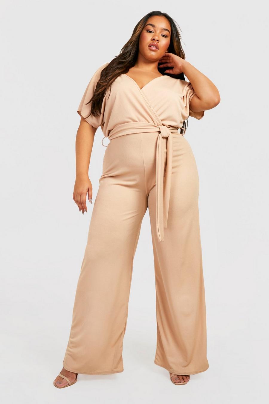 Stone Plus Wrap Over Tie Belt Wide Leg Jumpsuit 