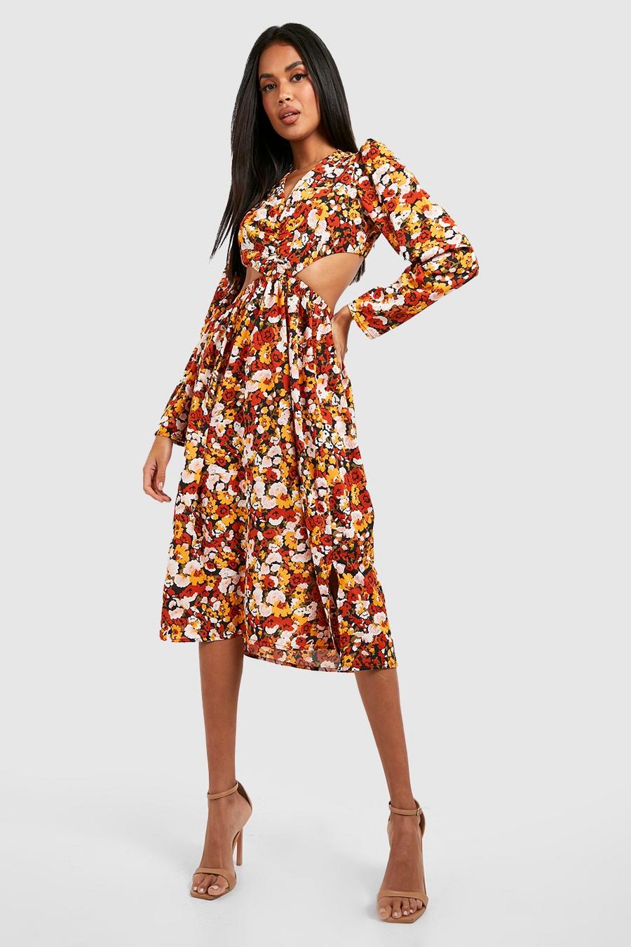 Black Floral Cut Out Midi Dress