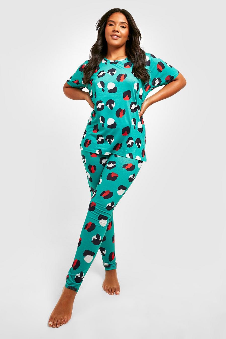 Pijama Plus de leggings con estampado de leopardo, Green