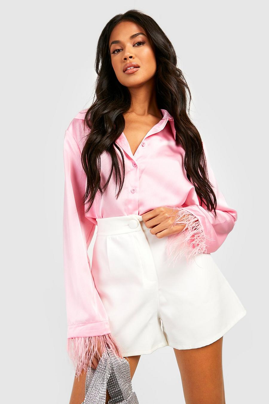 Camicia in raso rifinita con piume, Candy pink