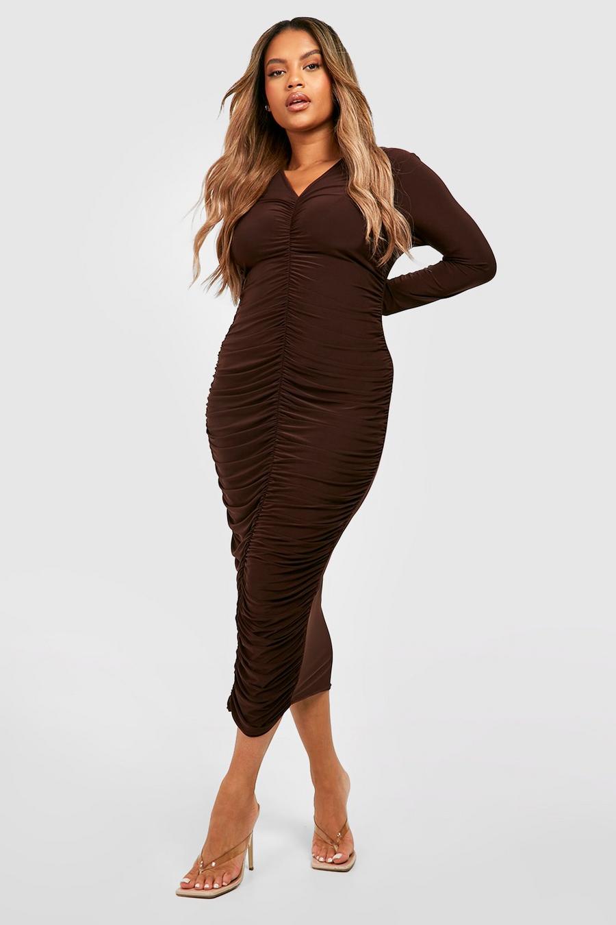 Chocolate Plus Slinky Ruched Midaxi Dress