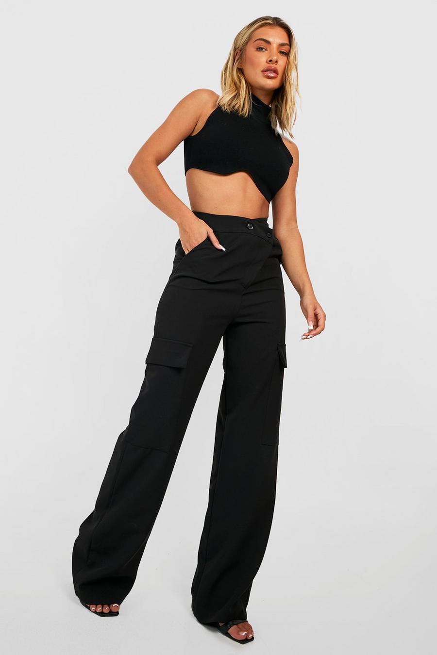 Black Asymmetric Waist Relax Fit Tailored Cargo Pants image number 1