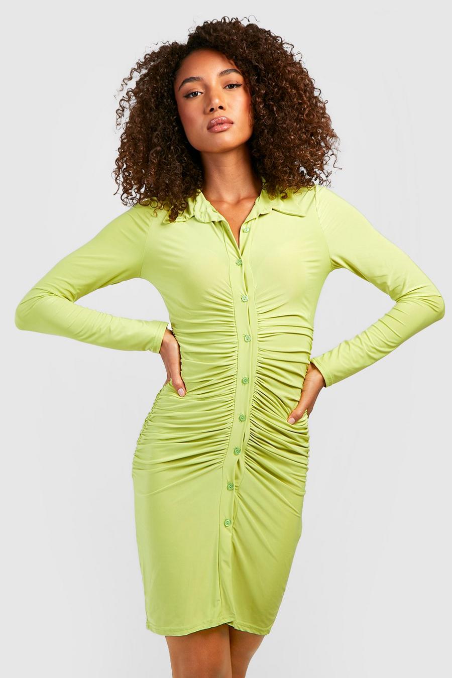 Lime Tall Slinky Button Front Ruched Mini Shirt Dress