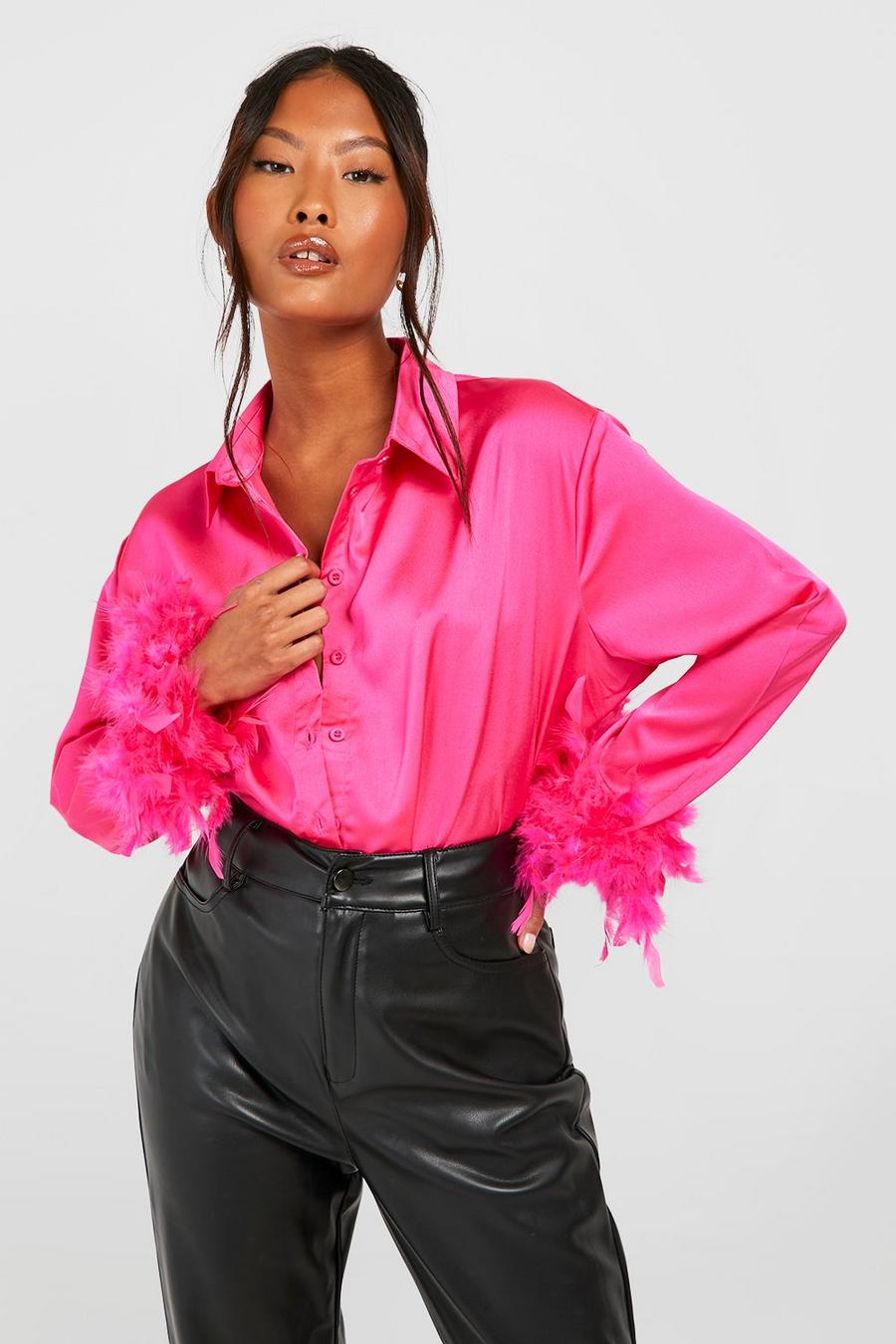 Camicia Petite oversize con piume sui polsini, Hot pink