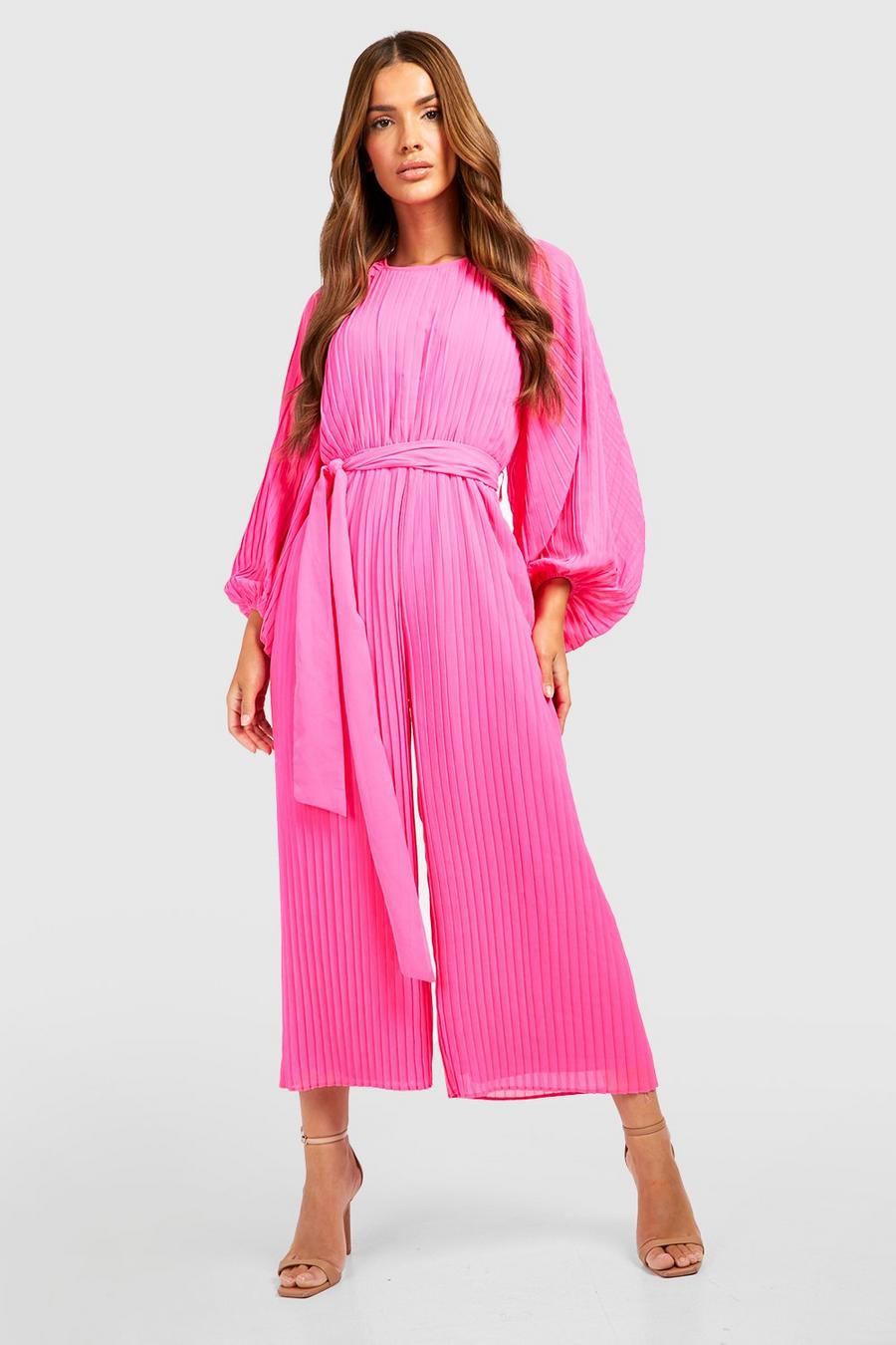 Bright pink Pleated Long Sleeve Culotte Jumpsuit