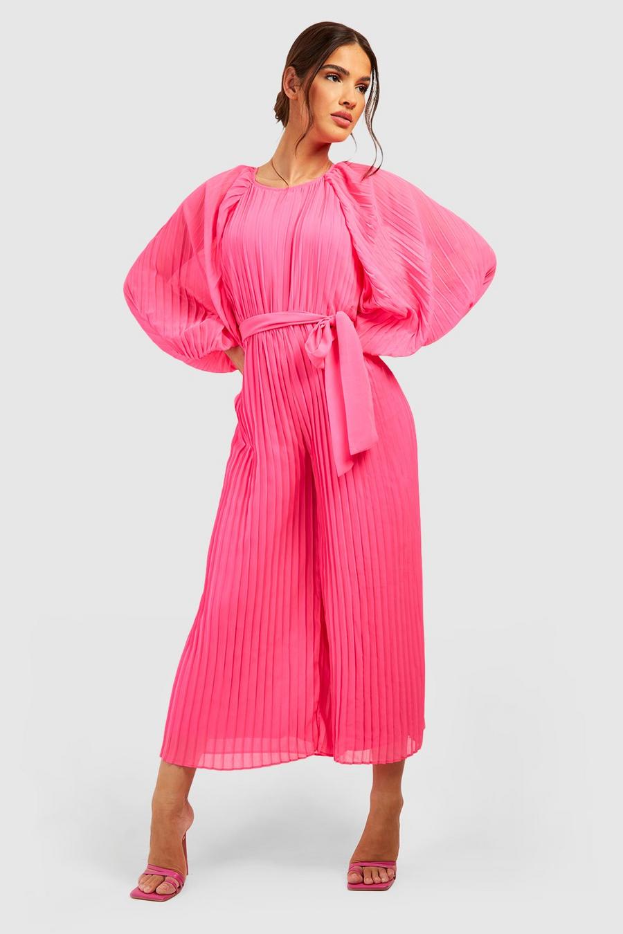 Hot pink Pleated Long Sleeve Culotte Jumpsuit