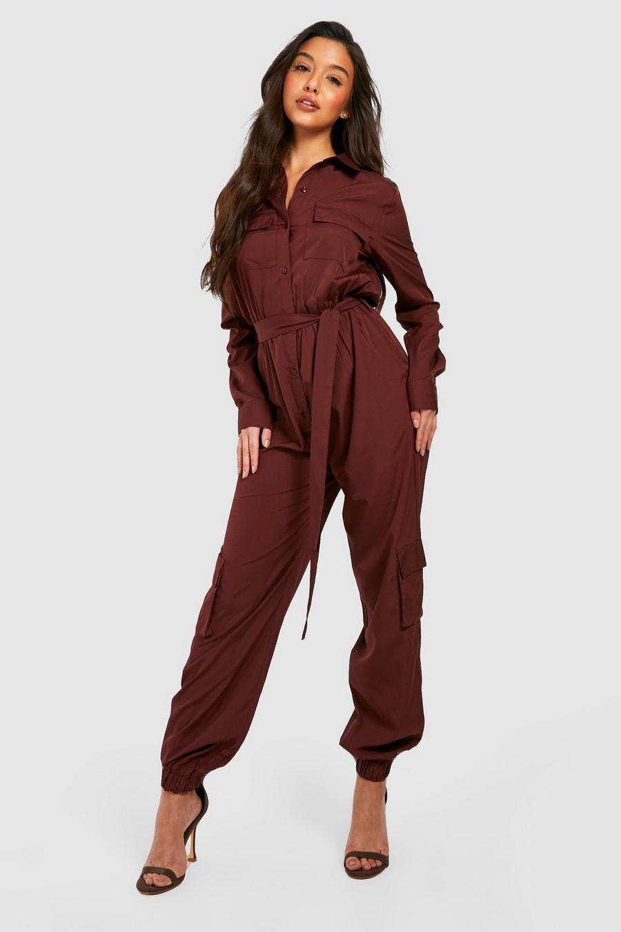 Chocolate Woven Utility Boiler Jumpsuit image number 1